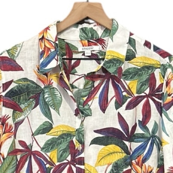 Chico’s No Iron Linen 3/4 Sleeve Floral Tropical Shirt Size 16 - Picture 8 of 15